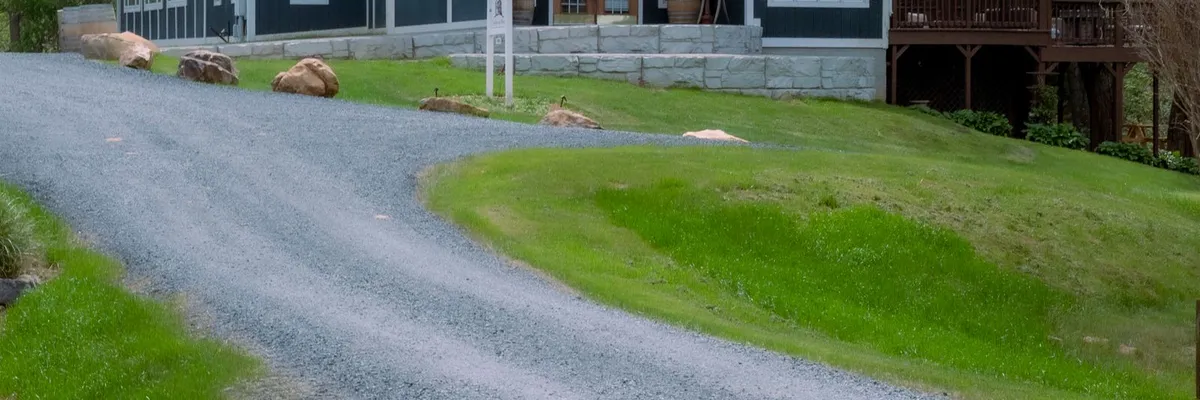 Gravel driveway leading up to a house with a spring garden