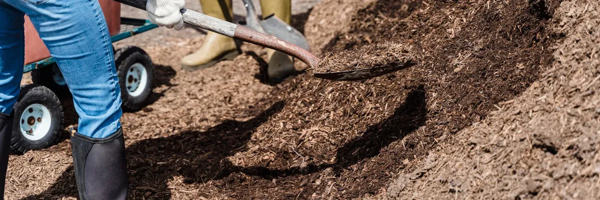 Two workers spreading topsoil in a yard