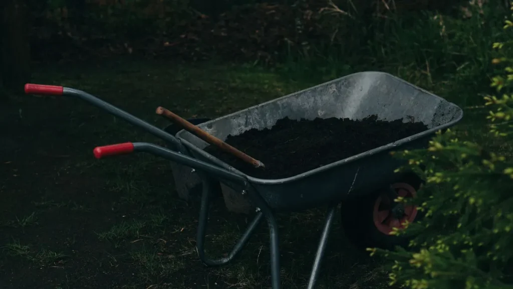 Wheelbarrow filled with topsoil in a garden