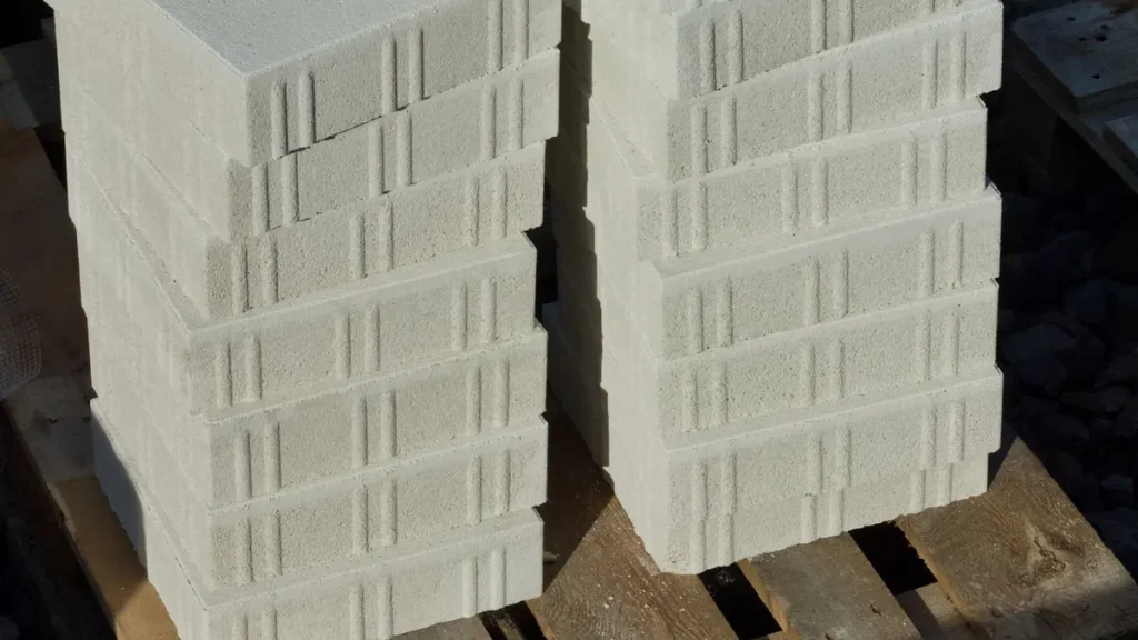 Concrete pavers stacked on a wooden pallet